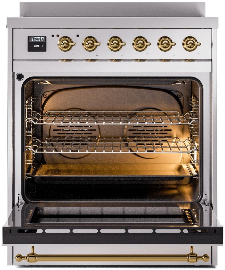 Nostalgie II 30 Inch Electric Freestanding Range in Stainless Steel with Brass Trim