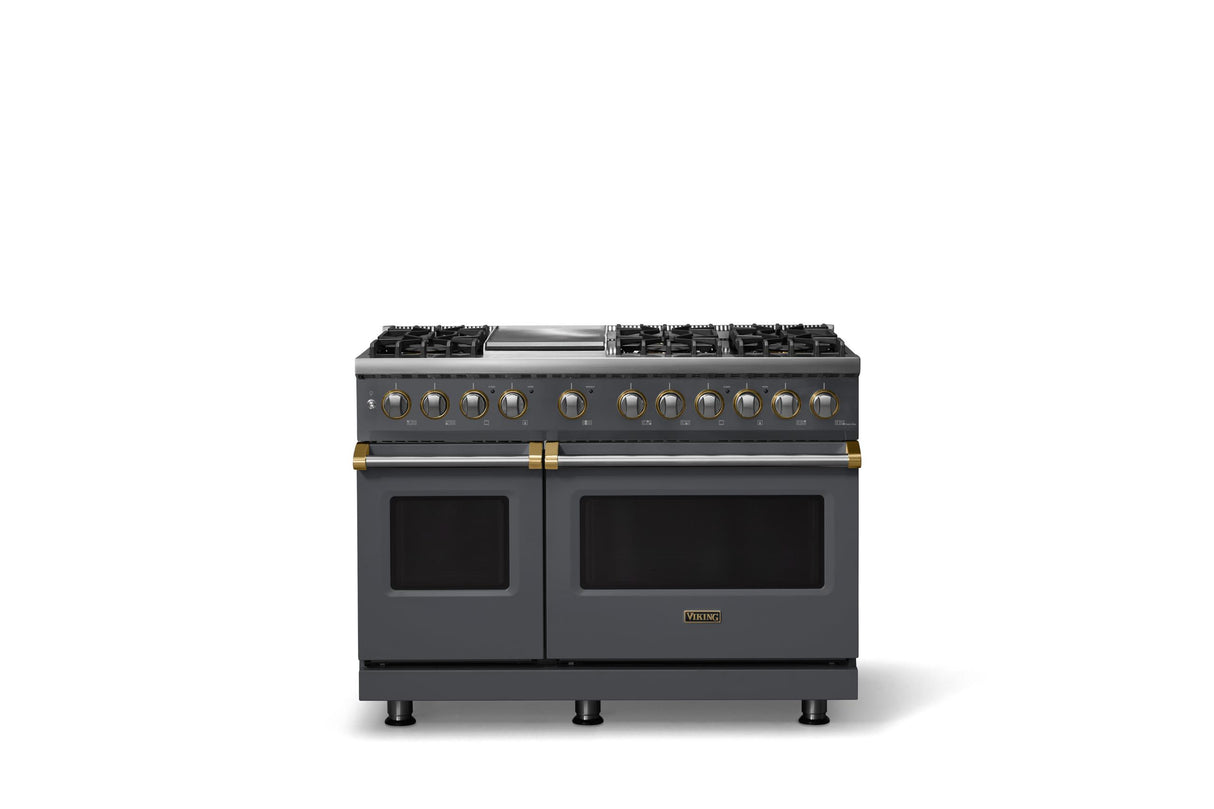 48"W. Dual Fuel Range (Burner: 6g, Finish: Cast Black, Trim: Brushed Brass, Fuel: Propane)