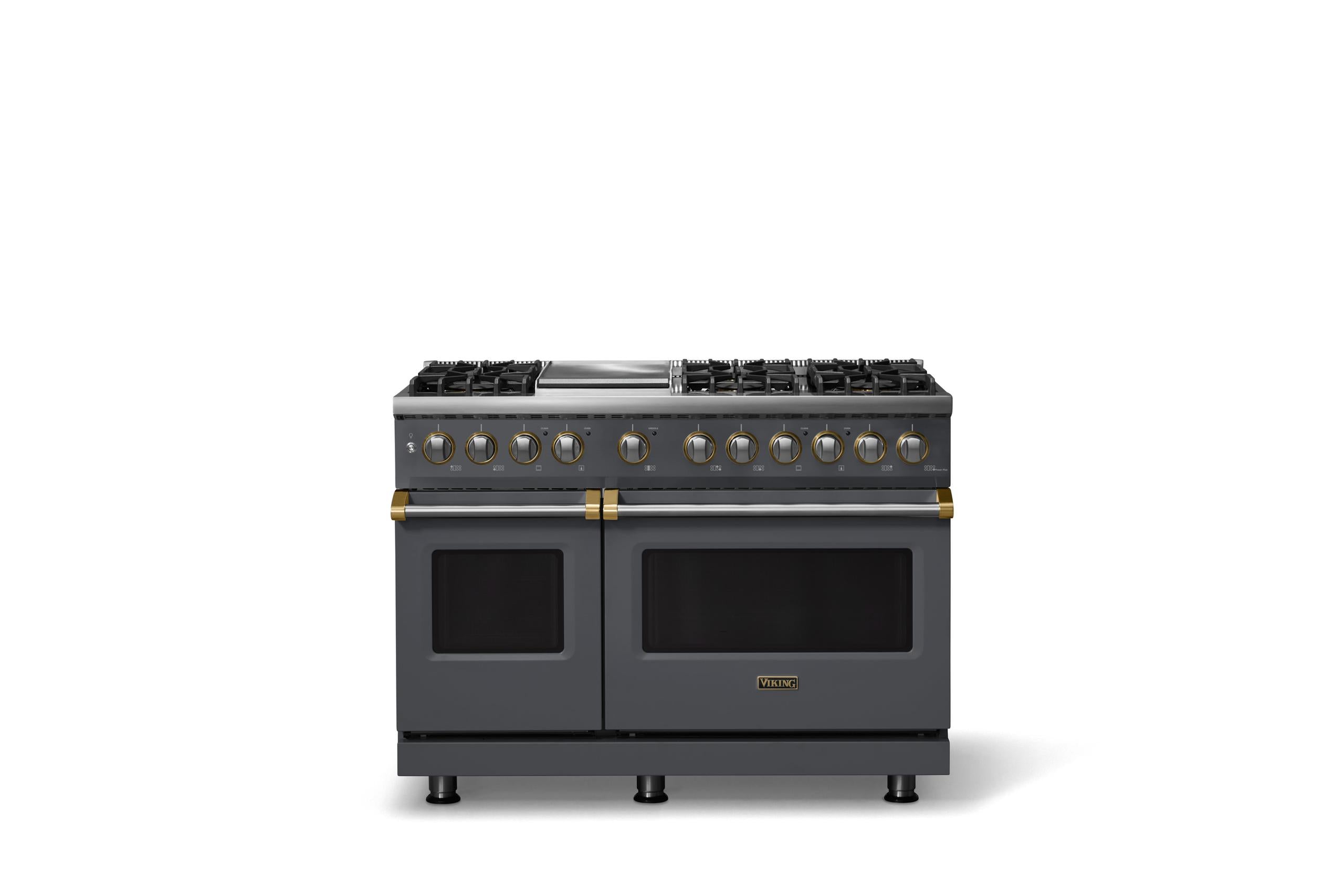 48"W. Dual Fuel Range (Burner: 6g, Finish: Cast Black, Trim: Brushed Brass, Fuel: Propane)