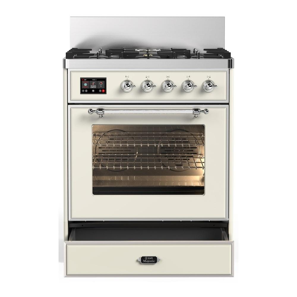 ILVE UM30NR3AWCLP Majestic III 30 inch Dual Fuel Range with 5 Black Brass Burners, Dual Function Burner up to 25,000 BTU (Liquid Propane, Triple Glass Door, Antique White, Chrome)