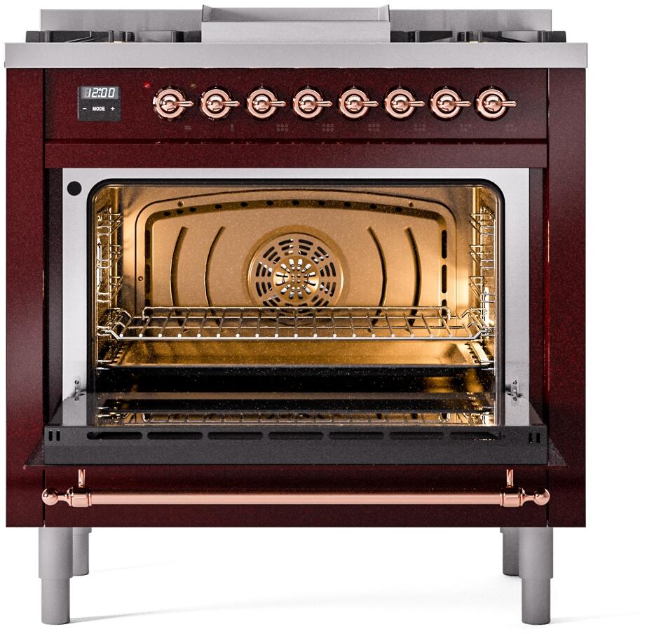 Nostalgie II 36 Inch Dual Fuel Liquid Propane Freestanding Range in Burgundy with Copper Trim