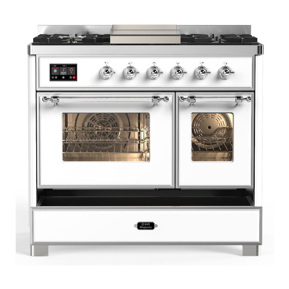 ILVE UMD40FNR3WHCLP Majestic III 40 inch Dual Fuel Range with 6 Burners and Griddle, Dual Function Burner up to 25,000 BTU (Liquid Propane, Triple Glass Door, White, Chrome)