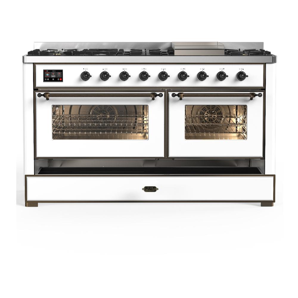 ILVE UM60FNR3WHB Majestic III 60 inch Dual Fuel Range with 9 Burners and Griddle, Dual Function Burner up to 25,000 BTU (Natural Gas, Triple Glass Door, White, Burnished)