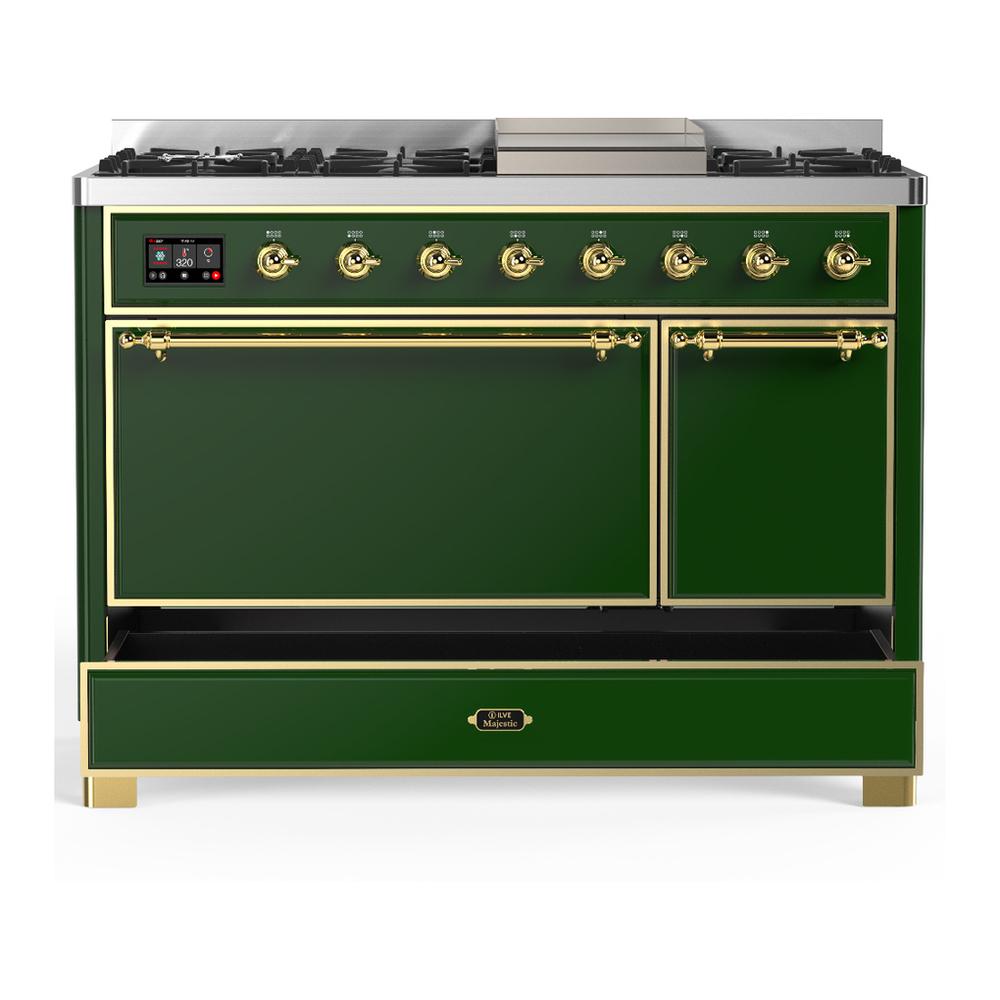 ILVE UM48FQNR3EGGLP Majestic III 48 inch Dual Fuel Range with 8 Burners and Griddle, Dual Function Burner up to 25,000 BTU (Liquid Propane, Solid Door, Emerald Green, Brass)