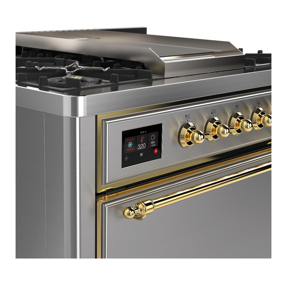 ILVE UM36FQNR3SSGLP Majestic III 36 inch Dual Fuel Range with 6 Black Brass Burners and Griddle, Dual Function Burner up to 25,000 BTU (Solid Door, Stainless Steel, Brass, Liquid Propane)