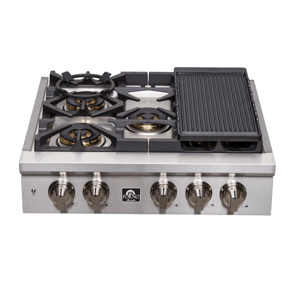 Forno Spezia Alta Qualita 30-Inch Pro-Style Gas Rangetop, Stainless Steel, 5 Sealed Burners, Continuous Cast Iron Grates, High Heat Output