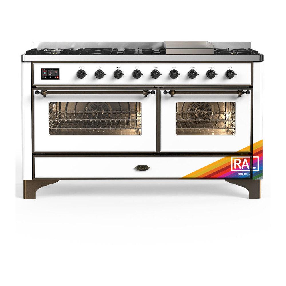 ILVE UM60FNR3RAB Majestic III 60 inch Dual Fuel Range with 9 Burners and Griddle, Dual Function Burner up to 25,000 BTU (Natural Gas, Triple Glass Door, RAL, Burnished)