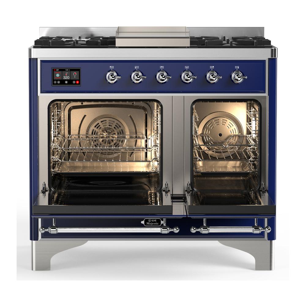ILVE UMD40FQNR3MBCLP Majestic III 40 inch Dual Fuel Range with 6 Burners and Griddle, Dual Function Burner up to 25,000 BTU (Liquid Propane, Solid Door, Midnight Blue, Chrome)