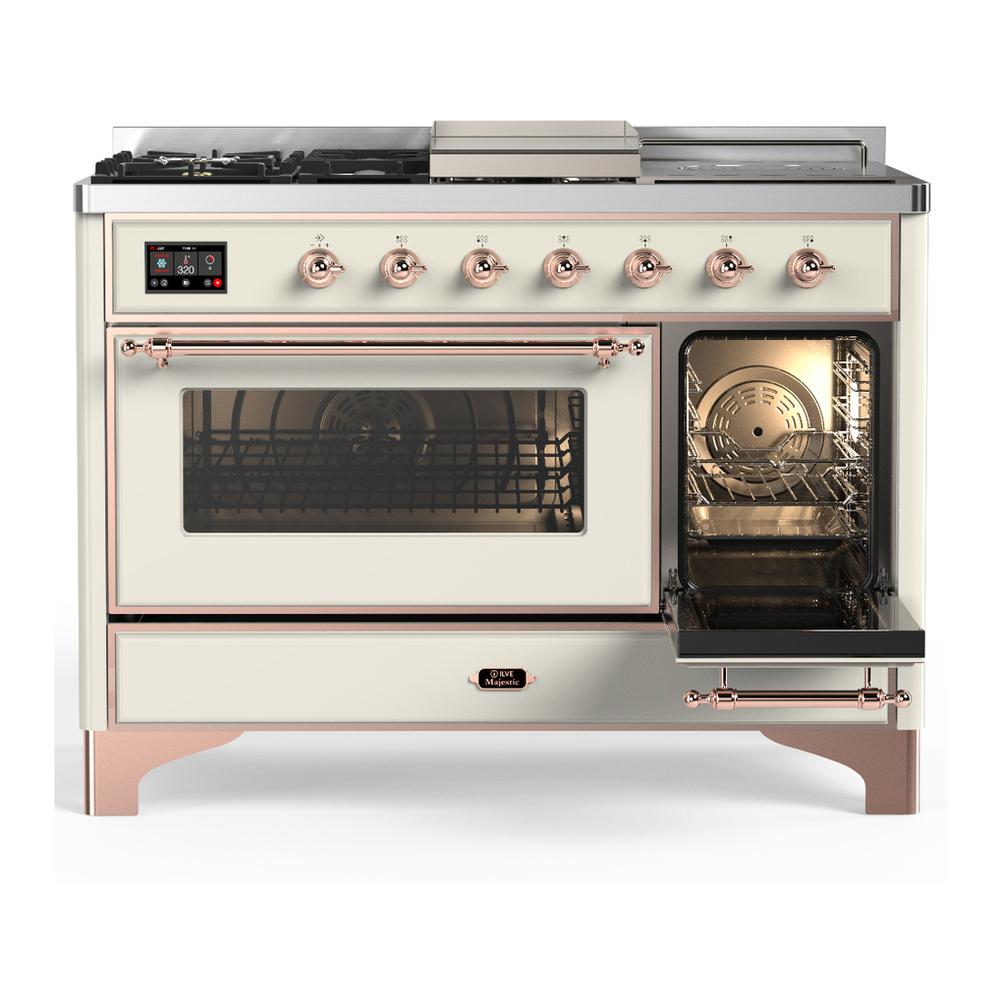 ILVE UM48FSNR3AWP Majestic III 48 inch Dual Fuel Range with 5 Black Brass Burners, Griddle and French Top, Dual Function Burner up to 25,000 BTU (Natural Gas, Triple Glass Door, Antique White, Copper)