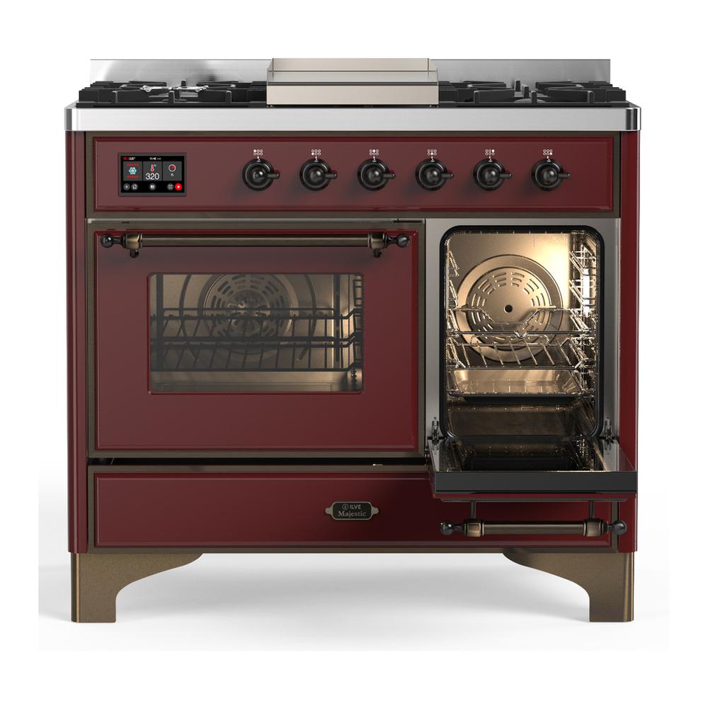 ILVE UMD40FNR3BUB Majestic III 40 inch Dual Fuel Range with 6 Burners and Griddle, Dual Function Burner up to 25,000 BTU (Natural Gas, Triple Glass Door, Burgundy, Burnished)