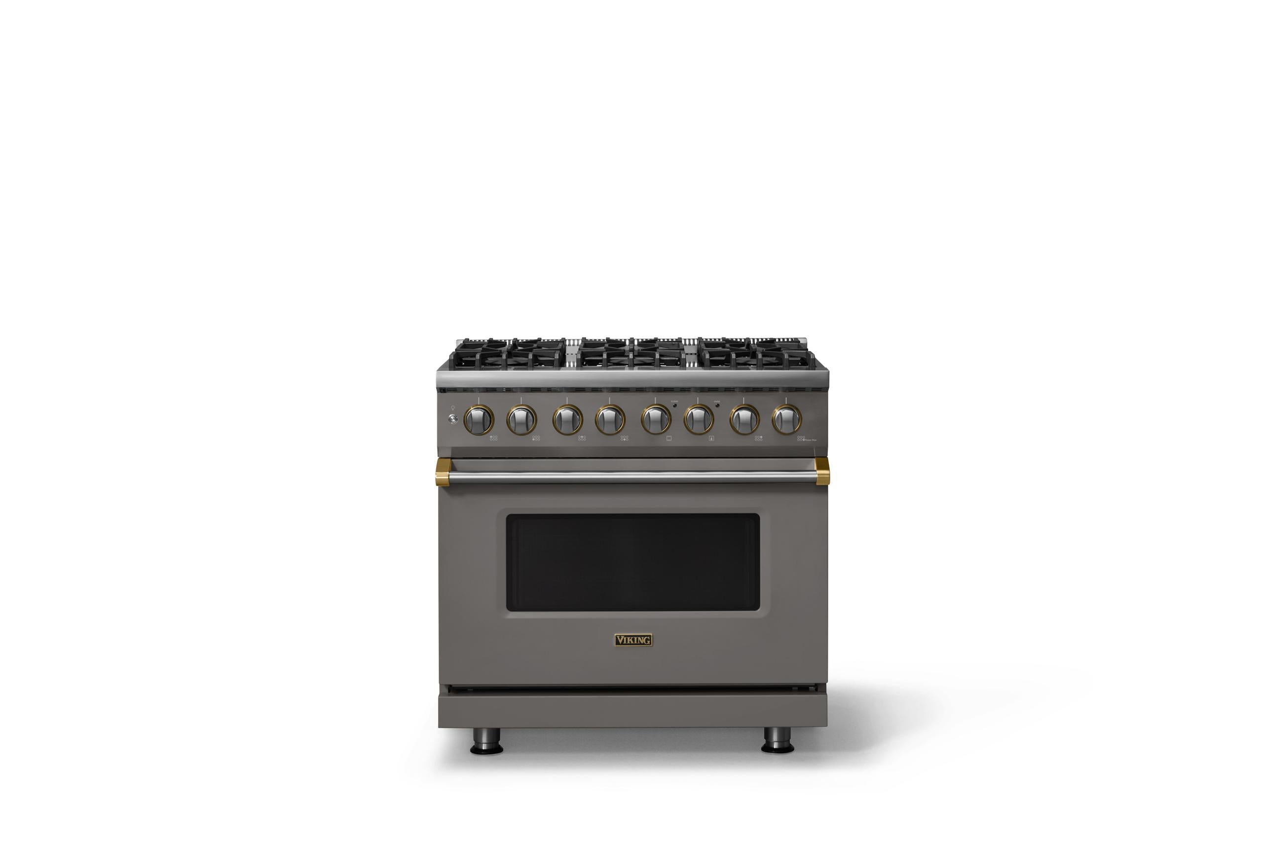 36"W. Dual Fuel Range (Burner: 6b, Finish: Damascus Gray, Trim: Brushed Brass, Fuel: Natural Gas)