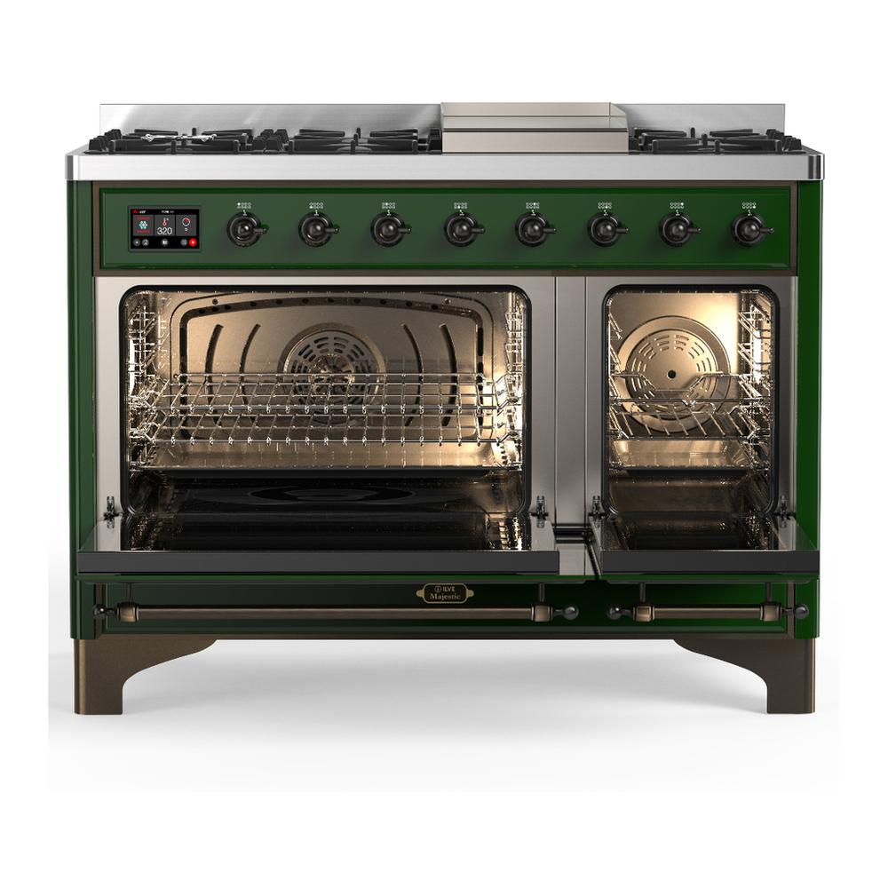 ILVE UM48FNR3EGBLP Majestic III 48 inch Dual Fuel Range with 8 Burners and Griddle, Dual Function Burner up to 25,000 BTU (Liquid Propane, Triple Glass Door, Emerald Green, Burnished)