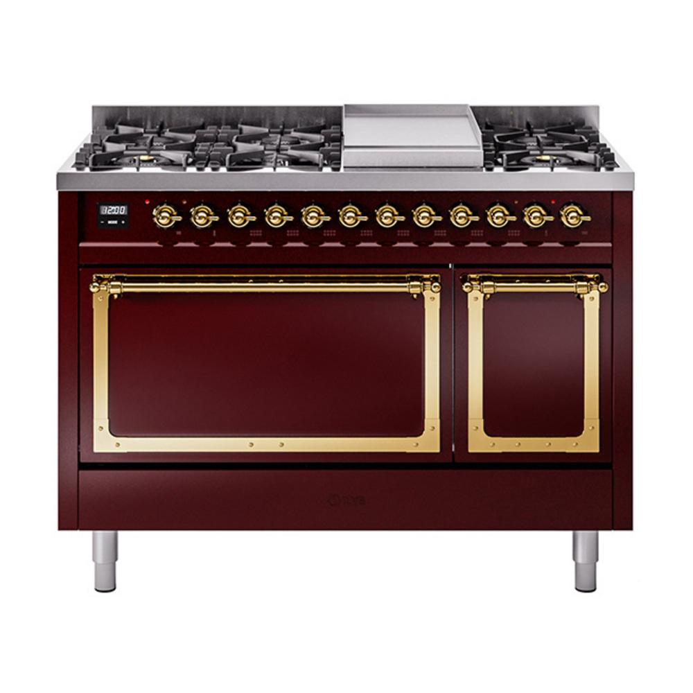 ILVE UN48FQNMPBUGLP Nostalgie II Noblesse 48 inch Dual Fuel Range (8 Sealed Burners + Griddle, Liquid Propane, Solid Door, Burgundy, Brass)