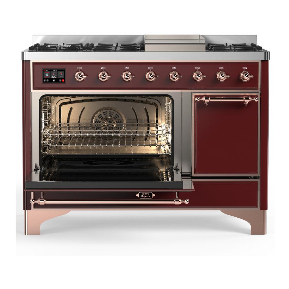 ILVE UM48FQNR3BUPLP Majestic III 48 inch Dual Fuel Range with 8 Burners and Griddle, Dual Function Burner up to 25,000 BTU (Liquid Propane, Solid Door, Burgundy, Copper)
