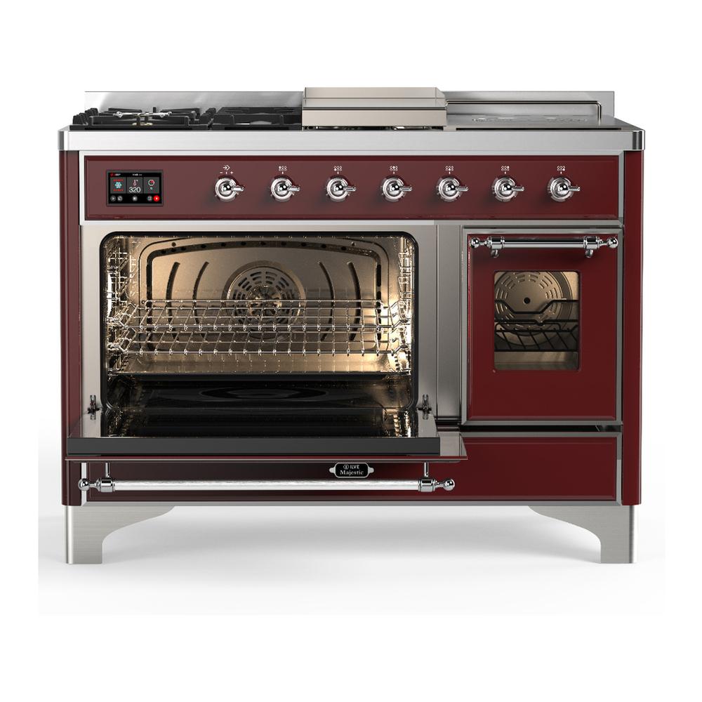 ILVE UM48FSNR3BUCLP Majestic III 48 inch Dual Fuel Range with 5 Black Brass Burners, Griddle and French Top, Dual Function Burner up to 25,000 BTU (Liquid Propane, Triple Glass Door, Burgundy, Chrome)