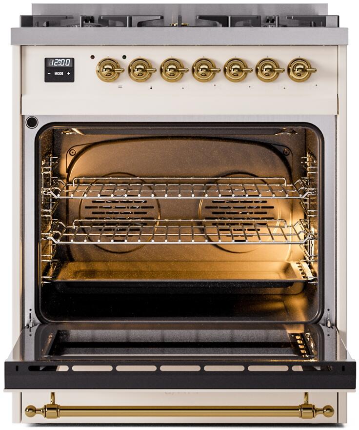 Nostalgie II 30 Inch Dual Fuel Natural Gas Freestanding Range in Antique White with Brass Trim