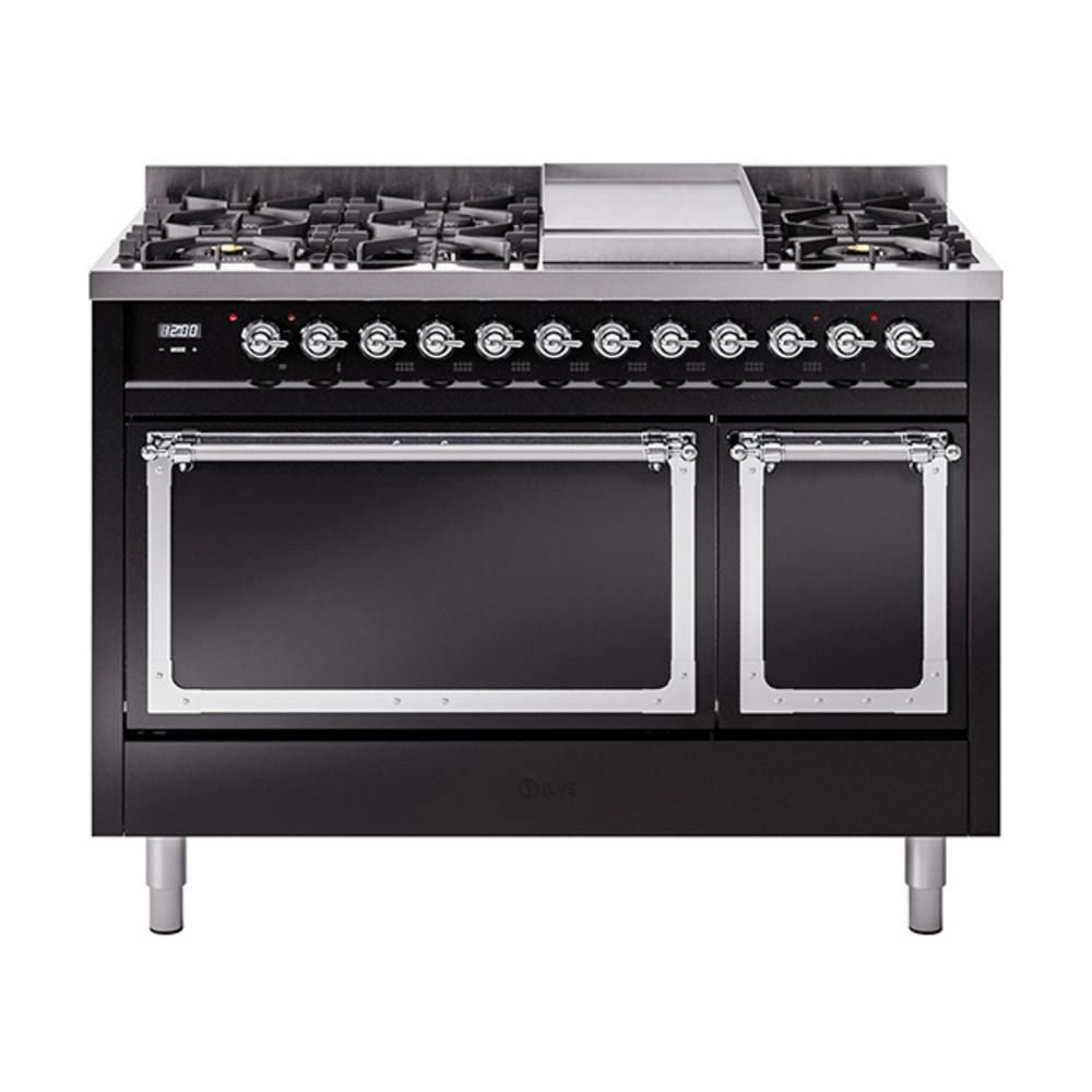 ILVE UN48FQNMPBKC Nostalgie II Noblesse 48 inch Dual Fuel Range (8 Sealed Burners + Griddle, Natural Gas, Solid Door, Glossy Black, Chrome)