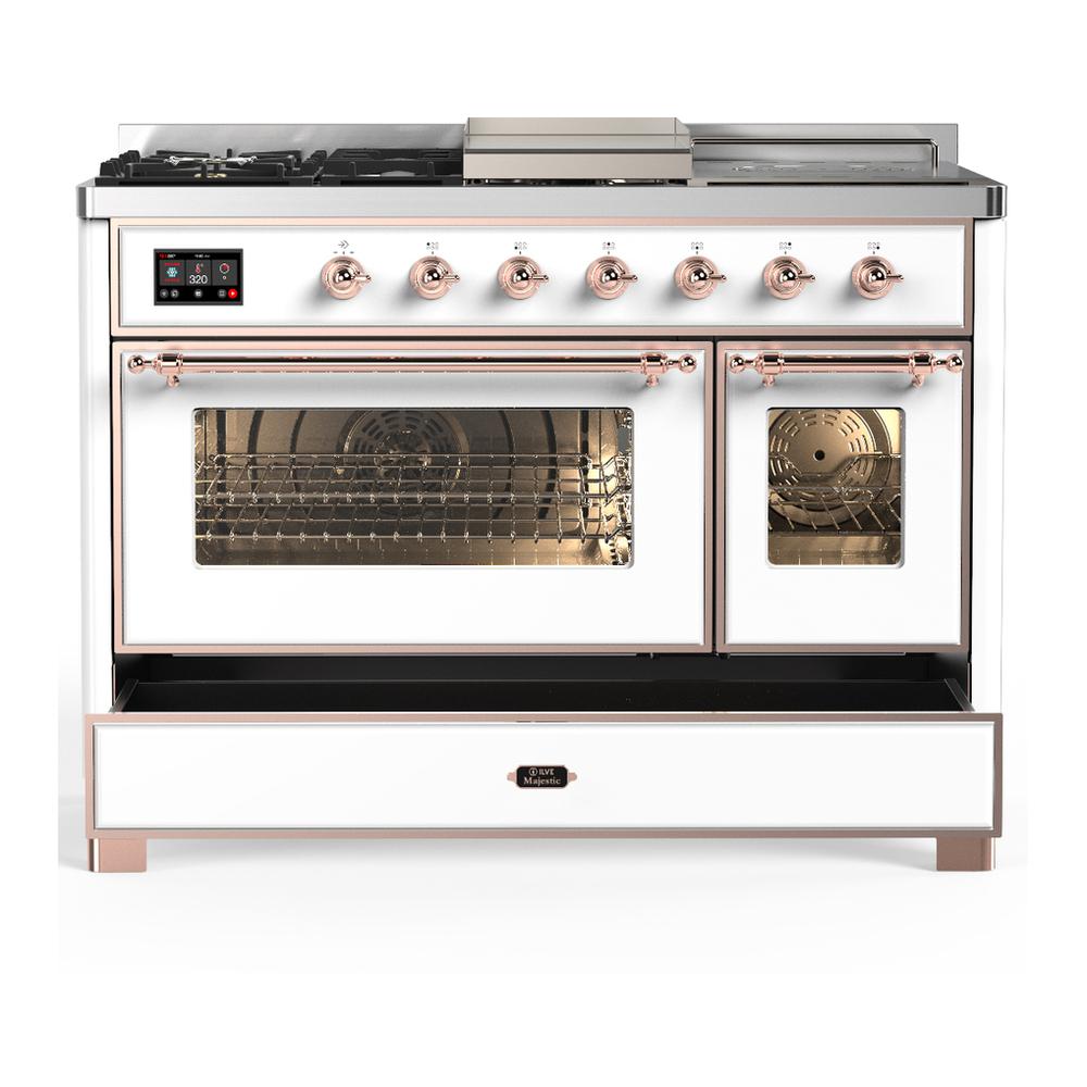 ILVE UM48FSNR3WHPLP Majestic III 48 inch Dual Fuel Range with 5 Black Brass Burners, Griddle and French Top, Dual Function Burner up to 25,000 BTU (Liquid Propane, Triple Glass Door, White, Copper)