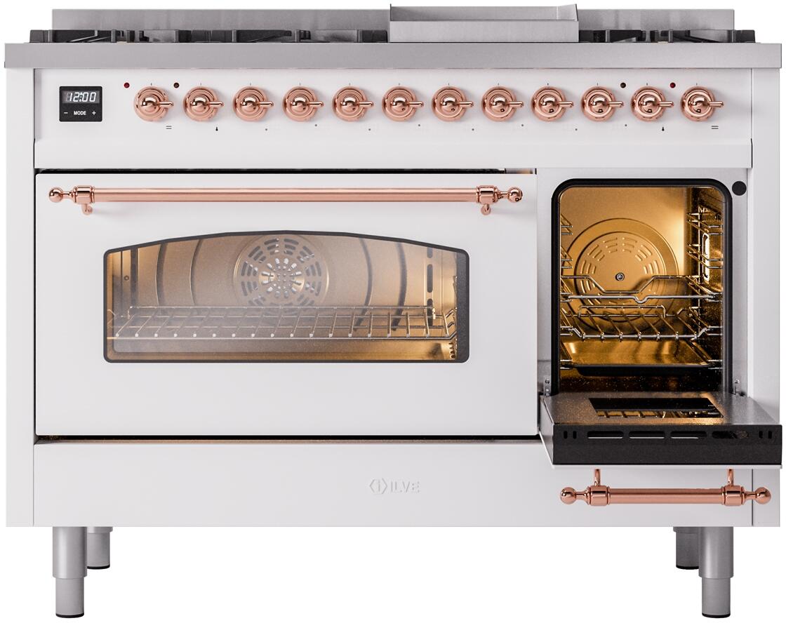 Nostalgie II 48 Inch Dual Fuel Natural Gas Freestanding Range in White with Copper Trim