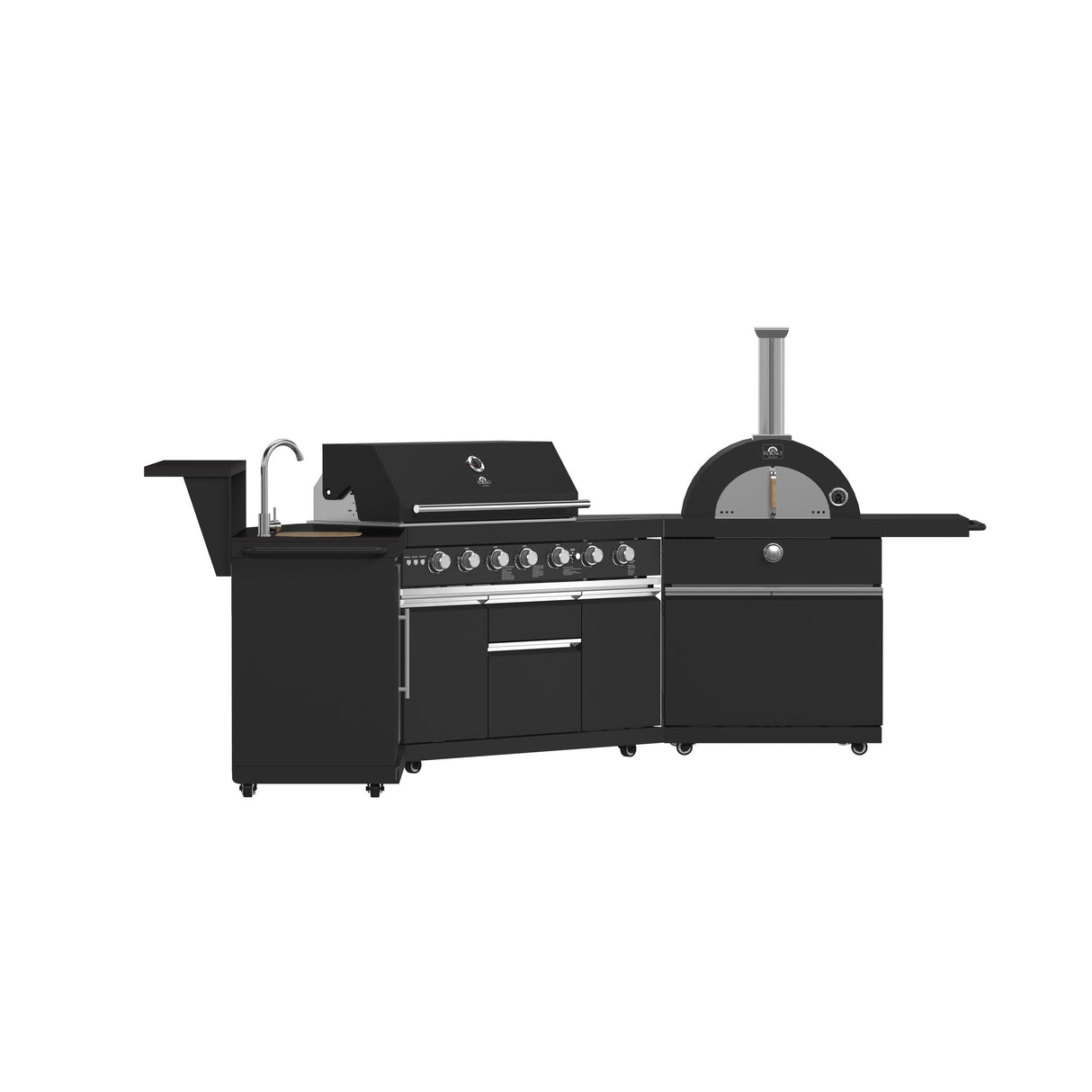 Forno All Aperto 87,600 BTU Outdoor Kitchen, 4 Burners, Infrared Burners, Side Burner, Black Sintered Stone Countertops, Gas Pizza Oven, Sink Module, Bar & Beverage Center