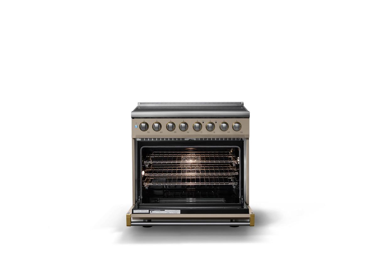36"W. Induction Range (Finish: Nantucket, Trim: Brushed Brass)