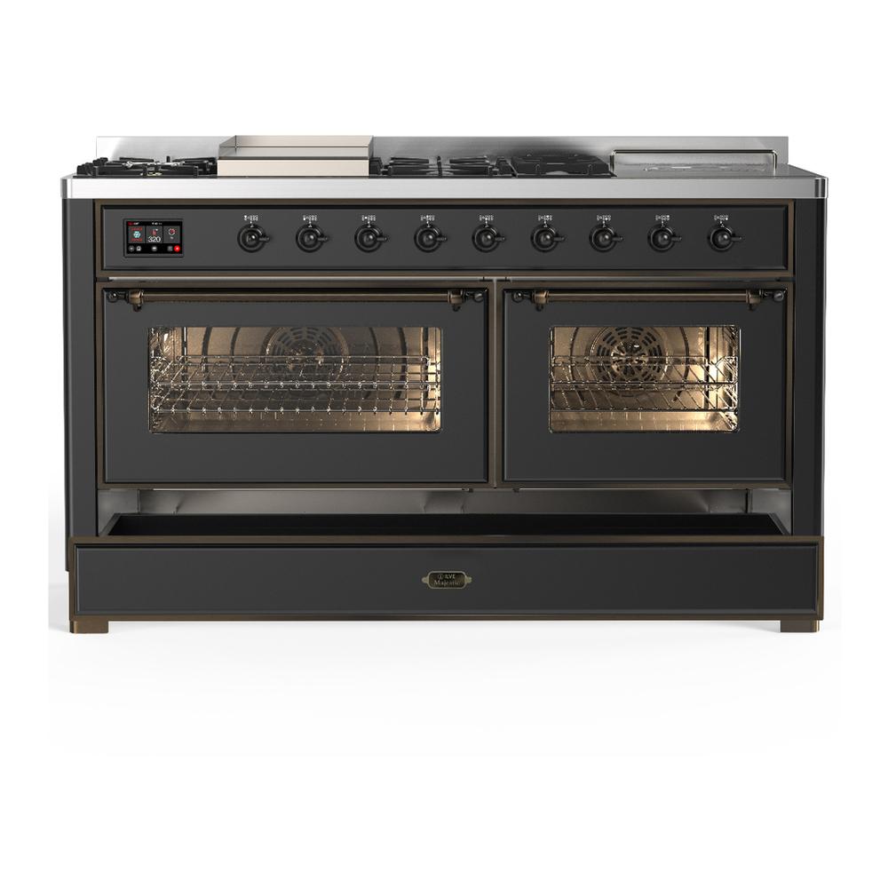 ILVE UM60FSNR3MGBLP Majestic III 60 inch Dual Fuel Range with 7 Burners, Griddle and French Top, Dual Function Burner with up to 25,000 BTU (Liquid Propane, Triple Glass Door, Graphite Matte, Burnished)