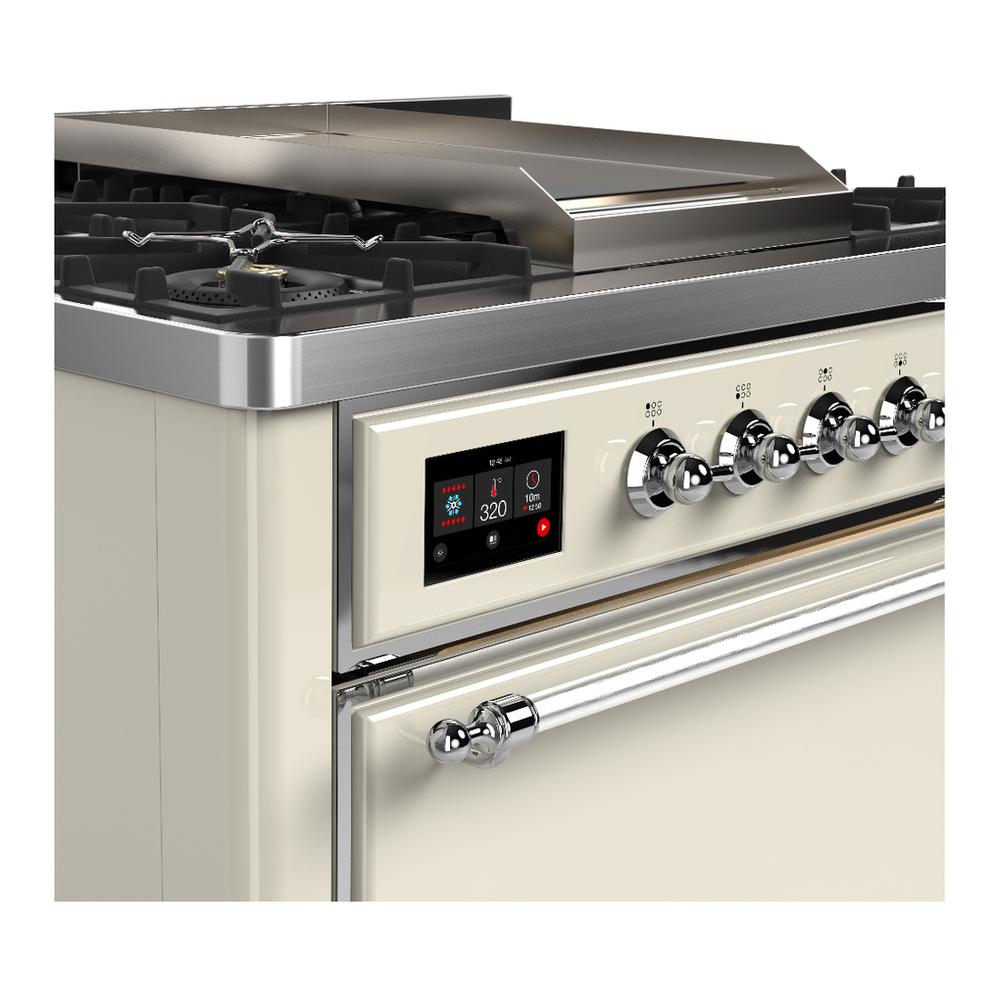 ILVE UM36FQNR3AWC Majestic III 36 inch Dual Fuel Range with 6 Black Brass Burners and Griddle, Dual Function Burner up to 25,000 BTU (Solid Door, Antique White, Chrome, Natural Gas)