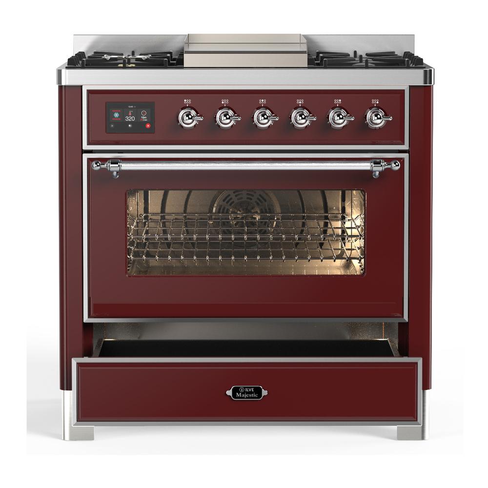 ILVE UM36FNR3BUC Majestic III 36 inch Dual Fuel Range with 6 Black Brass Burners and Griddle, Dual Function Burner up to 25,000 BTU (Triple Glass Door, Burgundy, Chrome, Natural Gas)