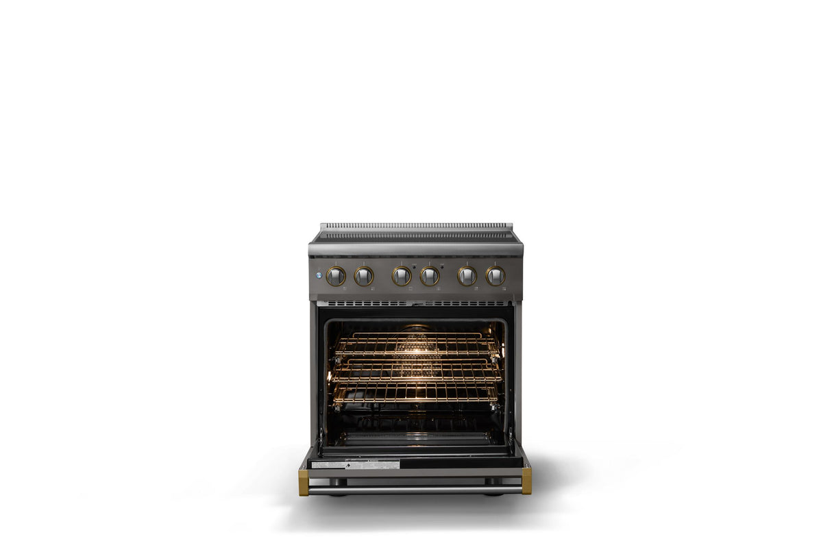 30"W. Induction Range (Finish: Damascus Gray, Trim: Brushed Brass)