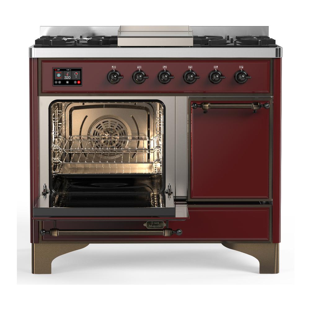ILVE UMD40FQNR3BUBLP Majestic III 40 inch Dual Fuel Range with 6 Burners and Griddle, Dual Function Burner up to 25,000 BTU (Liquid Propane, Solid Door, Burgundy, Burnished)