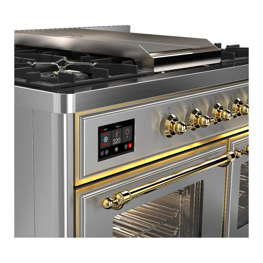 ILVE UMD40FNR3SSG Majestic III 40 inch Dual Fuel Range with 6 Burners and Griddle, Dual Function Burner up to 25,000 BTU (Natural Gas, Triple Glass Door, Stainless Steel, Brass)