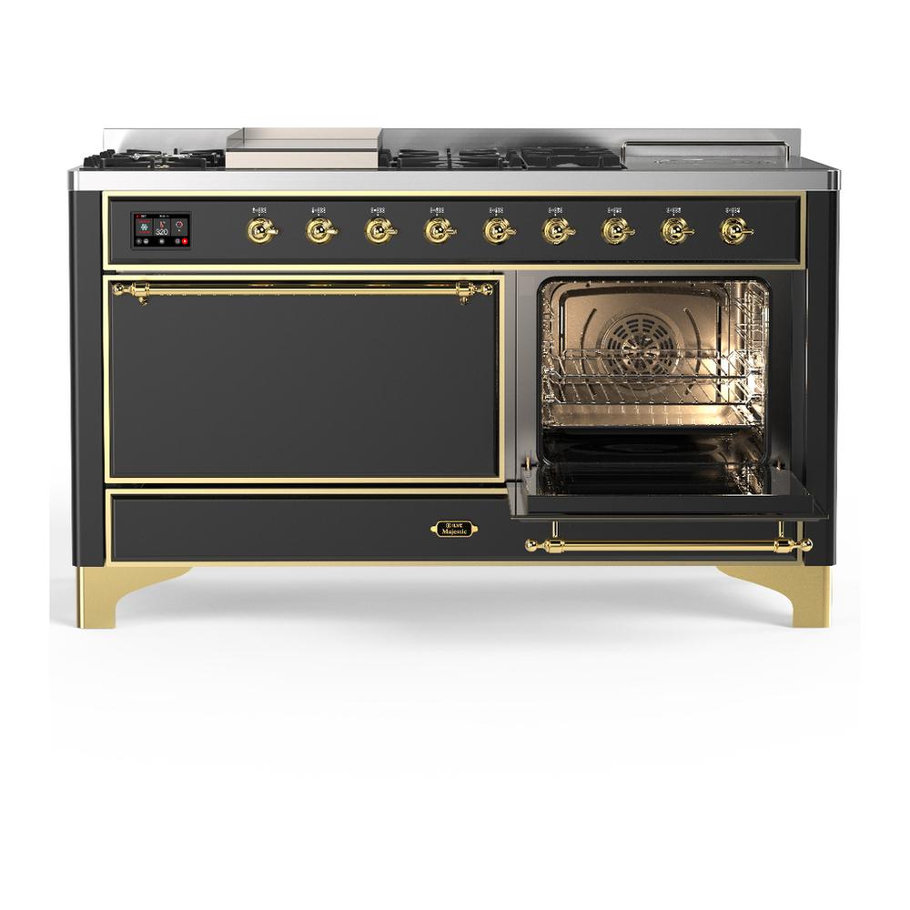 ILVE UM60FSQNR3MGGLP Majestic III 60 inch Dual Fuel Range with 7 Burners, Griddle and French Top, Dual Function Burner with up to 25,000 BTU (Liquid Propane, Solid Door, Graphite Matte, Brass)