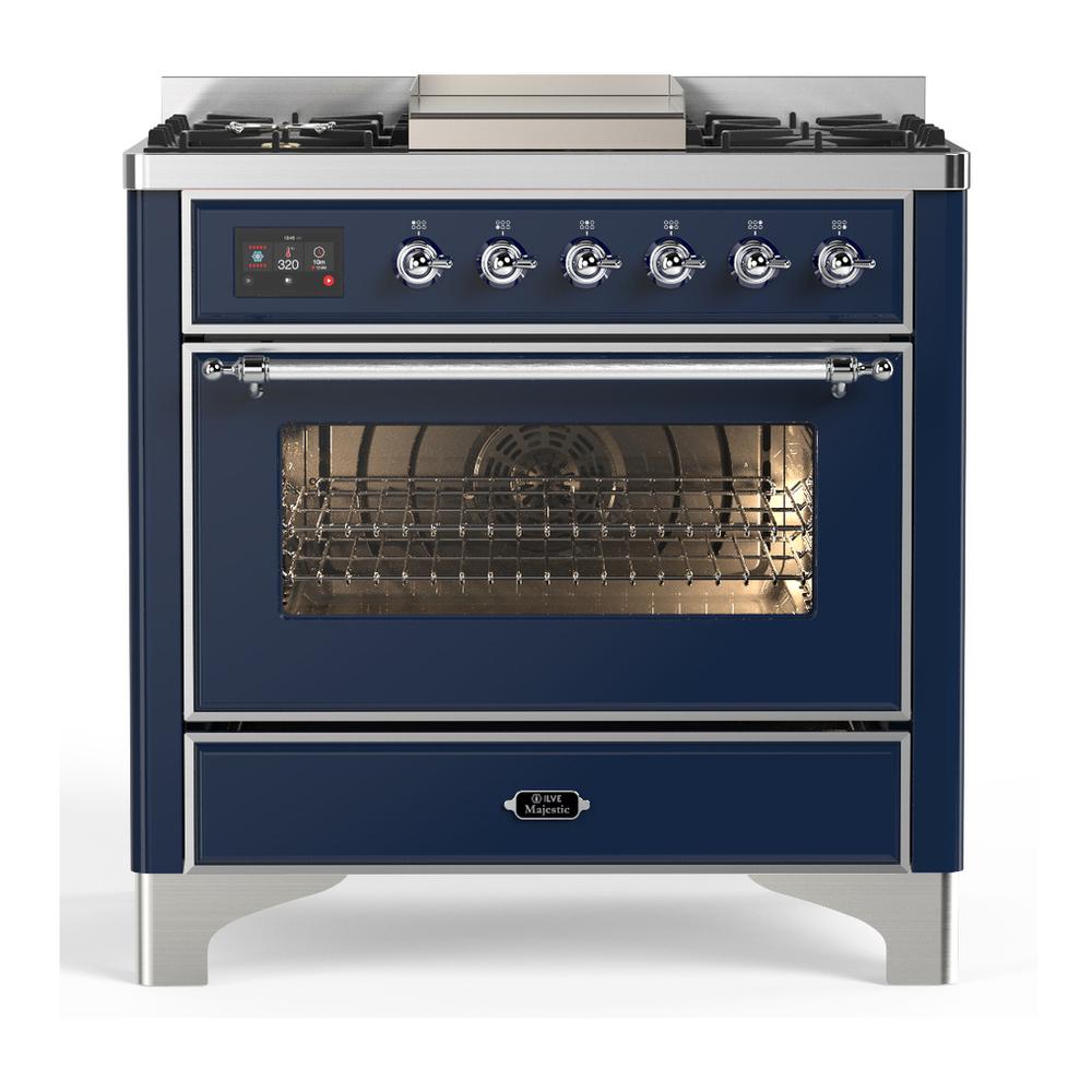 ILVE UM36FNR3MBC Majestic III 36 inch Dual Fuel Range with 6 Black Brass Burners and Griddle, Dual Function Burner up to 25,000 BTU (Triple Glass Door, Midnight Blue, Chrome, Natural Gas)