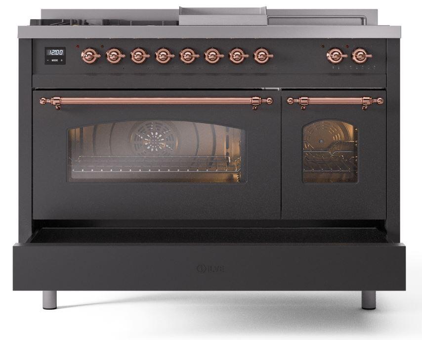 Nostalgie II 48 Inch Dual Fuel Natural Gas Freestanding Range in Matte Graphite with Copper Trim