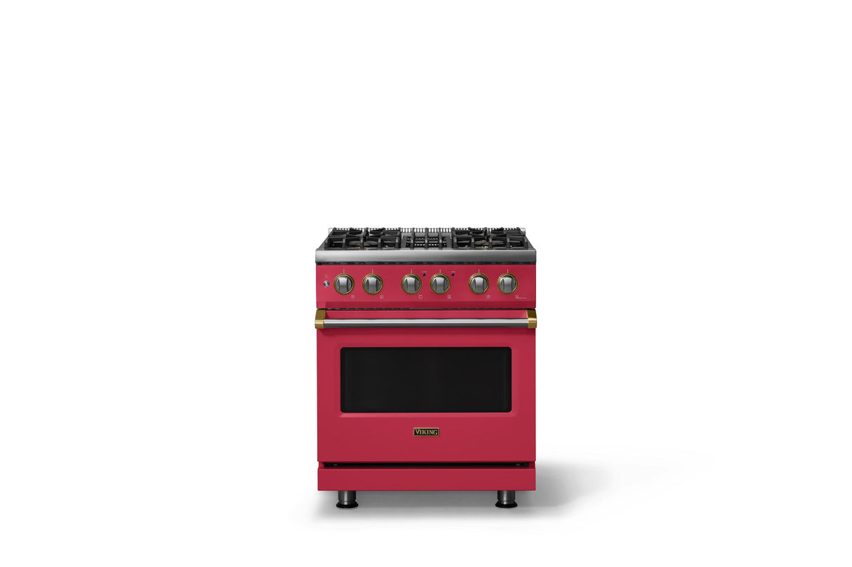 30"W. Dual Fuel Range (Finish: Valentine, Trim: Brushed Brass, Fuel: Natural Gas)