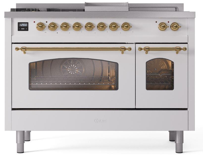 Nostalgie II 48 Inch Dual Fuel Natural Gas Freestanding Range in White with Brass Trim