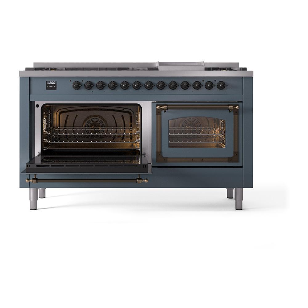 ILVE UN60FNMPBGB Nostalgie II Noblesse 60 inch Dual Fuel Range (9 Sealed Burners + Griddle, Natural Gas, Triple Glass Door, Blue Grey, Burnished)