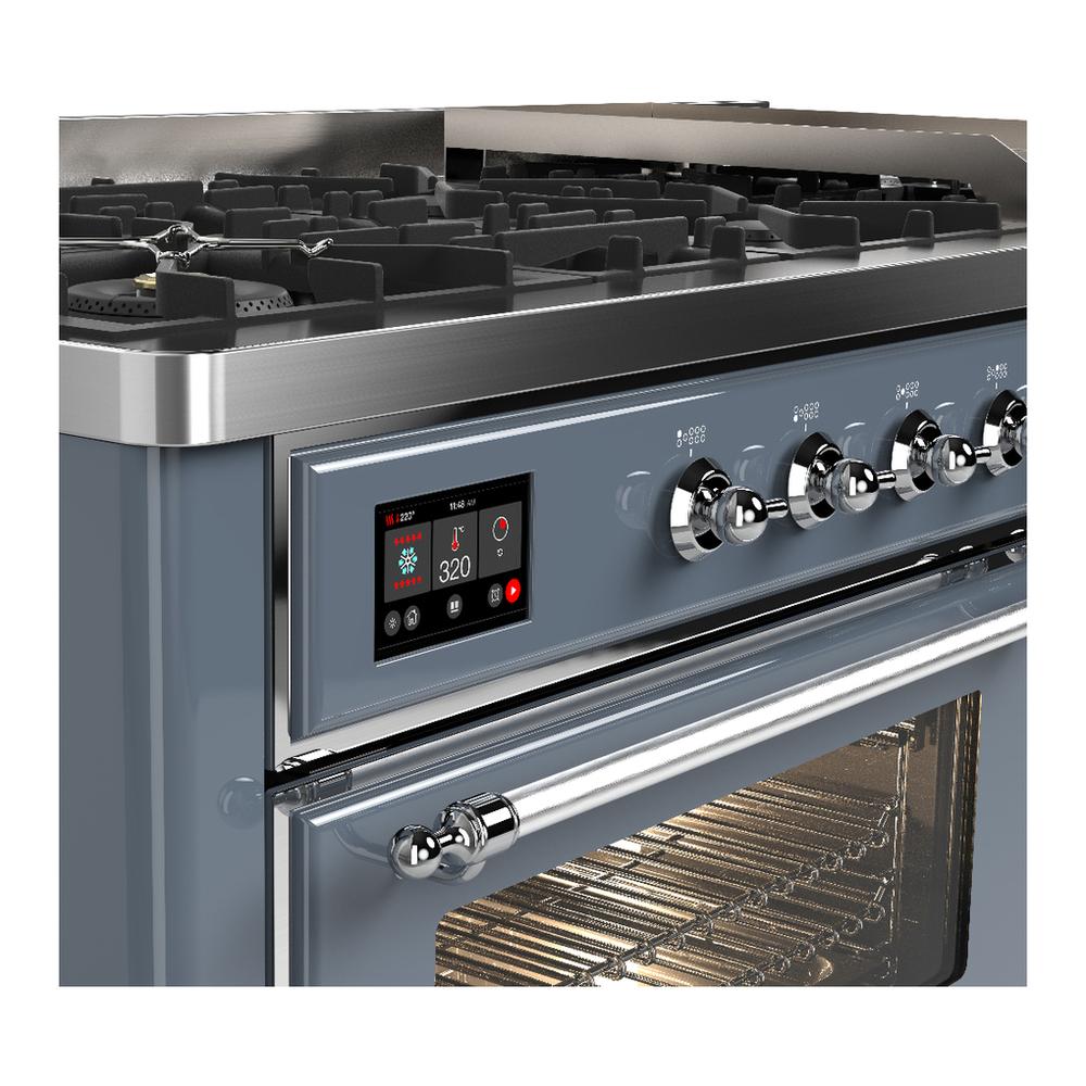 ILVE UM60FNR3BGCLP Majestic III 60 inch Dual Fuel Range with 9 Burners and Griddle, Dual Function Burner up to 25,000 BTU (Liquid Propane, Triple Glass Door, Blue Grey, Chrome)