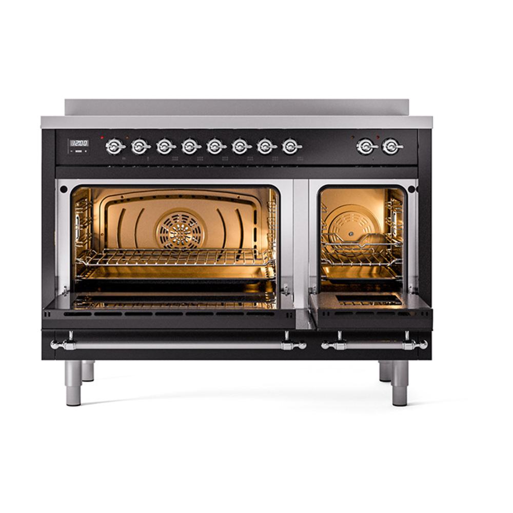 ILVE UNI486QNMPBKC Nostalgie II Noblesse 48 inch Induction Range (Solid Door, Glossy Black, Chrome)