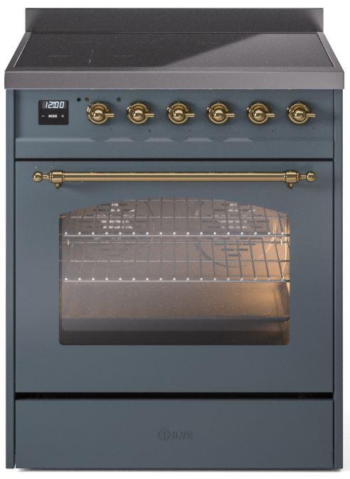 Nostalgie II 30 Inch Electric Freestanding Range in Blue Grey with Brass Trim