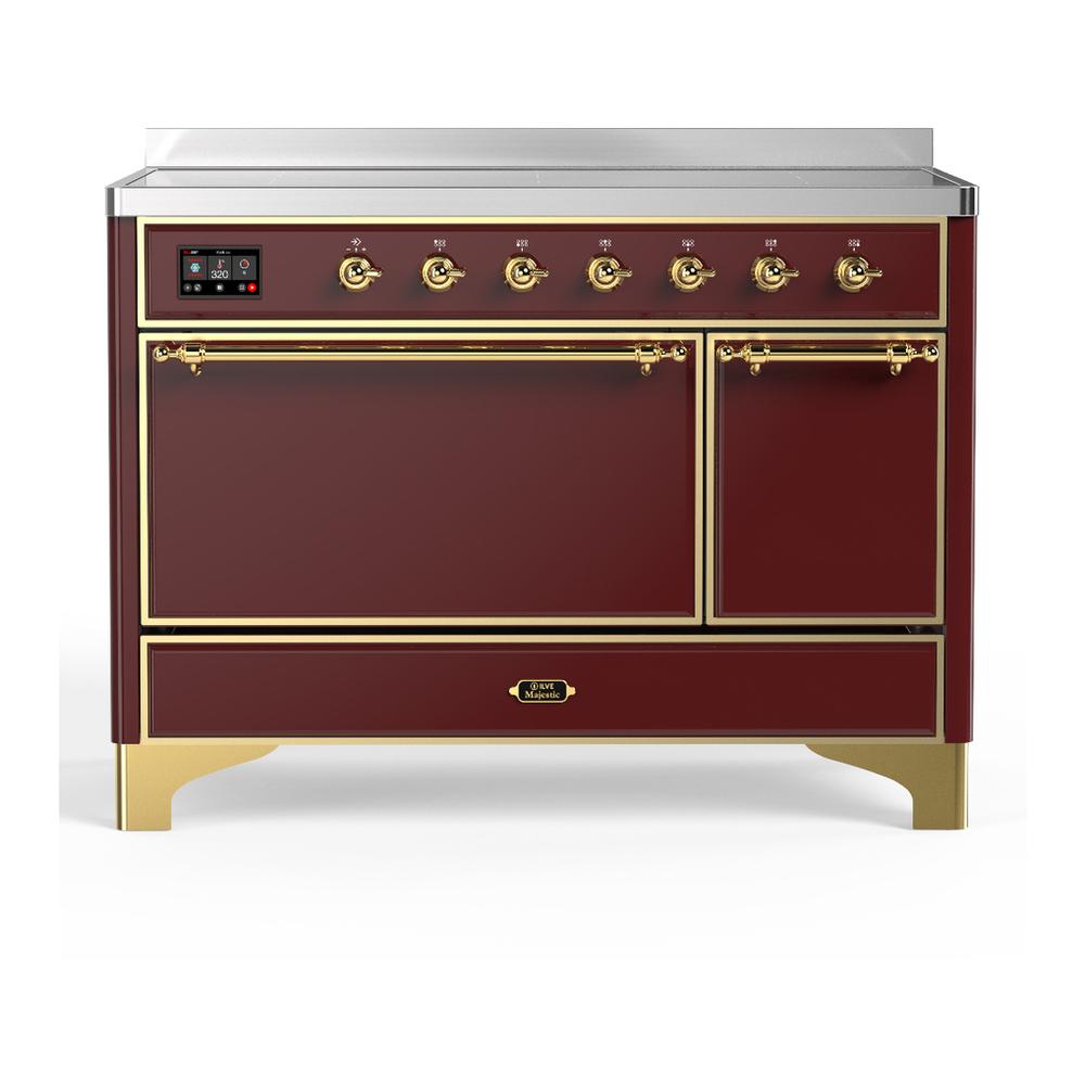 ILVE UMIB48QNR3BUG Majestic III 48 inch Induction Range with 6 Elements, 5.02 cu. ft. Total Oven Capacity (Solid Door, Burgundy, Brass)