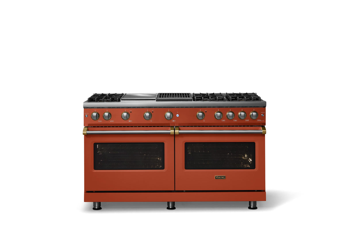 60"W. Sealed Burner Gas Range (Finish: Spiced Cider, Trim: Brushed Brass, Fuel: Propane)
