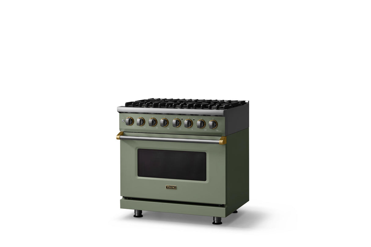 36"W. Dual Fuel Range (Burner: 6b, Finish: Eucalyptus, Trim: Brushed Brass, Fuel: Propane)