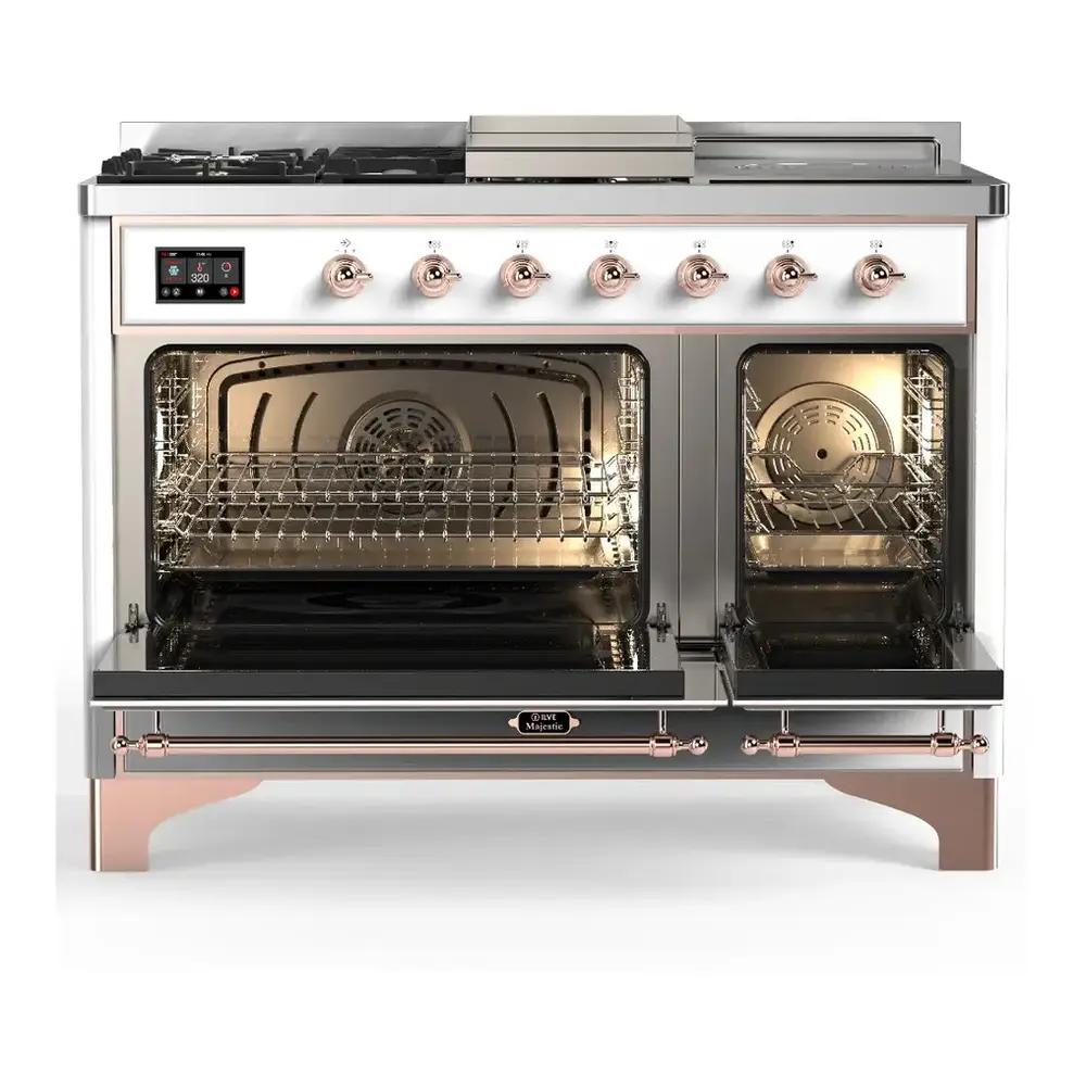 ILVE UM48FSNR3RAP Majestic III 48 inch Dual Fuel Range with 5 Black Brass Burners, Griddle and French Top, Dual Function Burner up to 25,000 BTU (Natural Gas, Triple Glass Door, RAL, Copper)