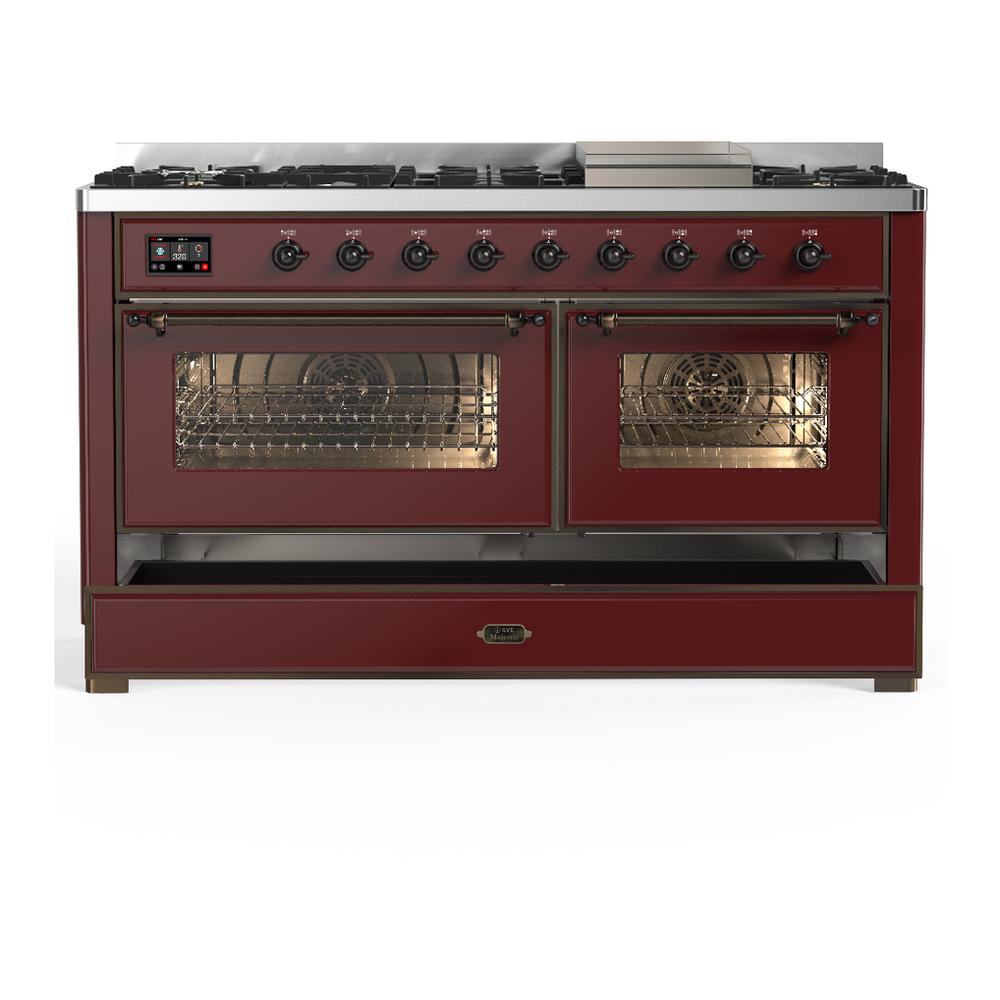 ILVE UM60FNR3BUBLP Majestic III 60 inch Dual Fuel Range with 9 Burners and Griddle, Dual Function Burner up to 25,000 BTU (Liquid Propane, Triple Glass Door, Burgundy, Burnished)