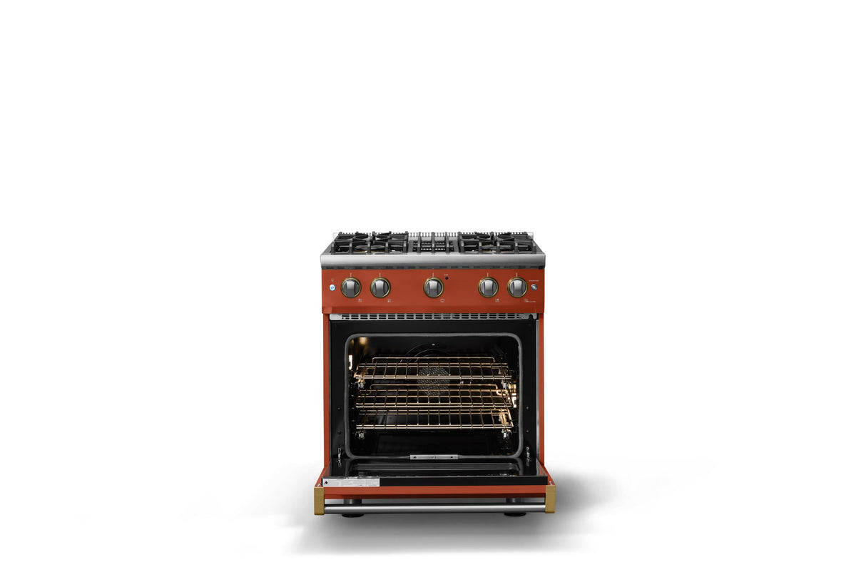 30"W. Sealed Burner Gas Range (Finish: Spiced Cider, Trim: Brushed Brass, Fuel: Propane)