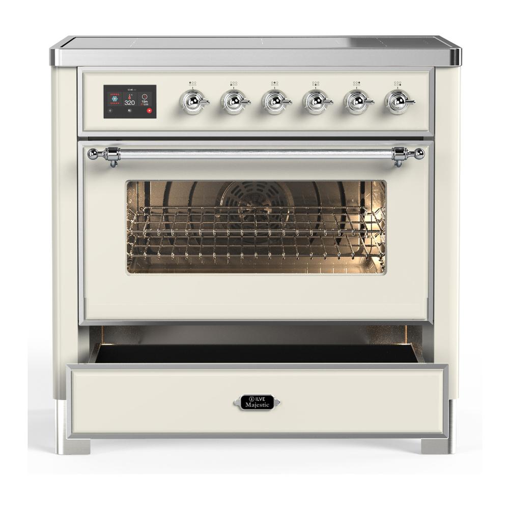 ILVE UMIB36NR3AWC Majestic III 36 inch Induction Range with 6 Elements, 3.5 cu. ft. Total Oven Capacity (Triple Glass Door, Antique White, Chrome)