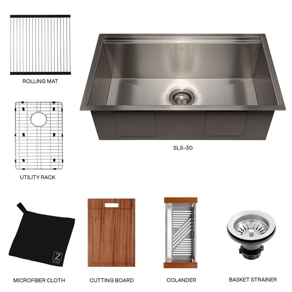 ZLINE 30 in. Garmisch Undermount Single Bowl Satin Stainless Steel Kitchen Sink with Bottom Grid and Accessories (SLS-30S)