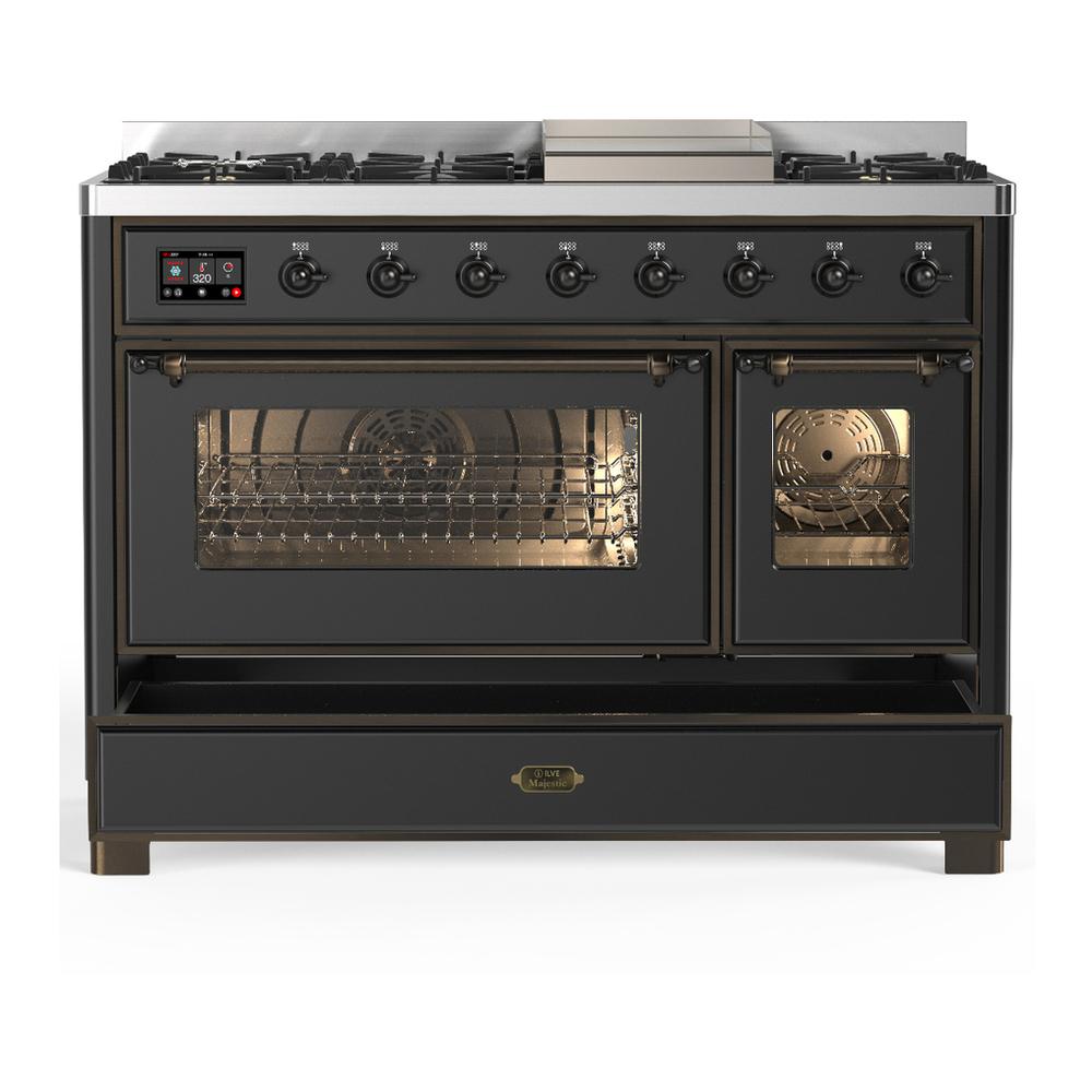 ILVE UM48FNR3MGBLP Majestic III 48 inch Dual Fuel Range with 8 Burners and Griddle, Dual Function Burner up to 25,000 BTU (Liquid Propane, Triple Glass Door, Graphite Matte, Burnished)