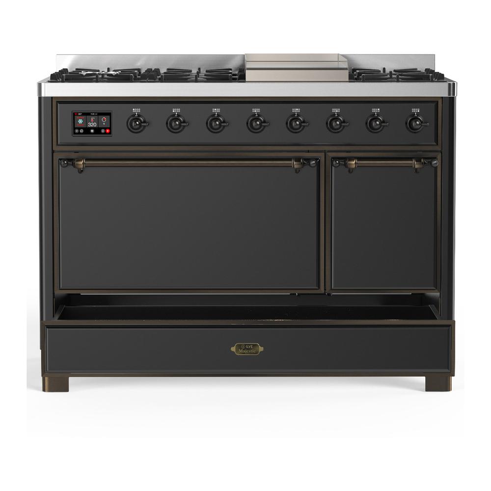 ILVE UM48FQNR3MGB Majestic III 48 inch Dual Fuel Range with 8 Burners and Griddle, Dual Function Burner up to 25,000 BTU (Natural Gas, Solid Door, Graphite Matte, Burnished)